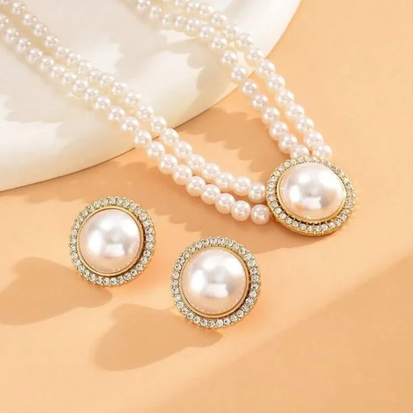 1pc Round Pearl Necklace And 1pair Geometric Round Pearl Earrings 2pcs Jewelry - Picture 2 of 3